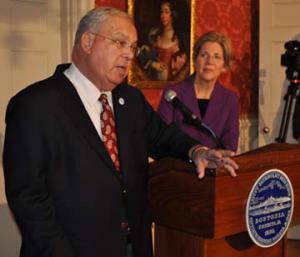 Mayor Menino and Senator Warren: Talking gun control last week at the Parkman House. Photo by Bill Forry